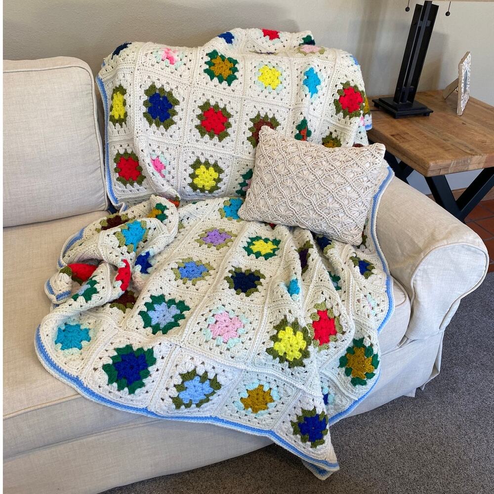Handmade Crochet Granny Square Afghan Throw Blanket Ivory Background Colorful